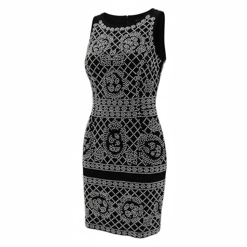 Art Deco Pearl & Glass Beaded Cocktail Dress Black Xscape Size 12